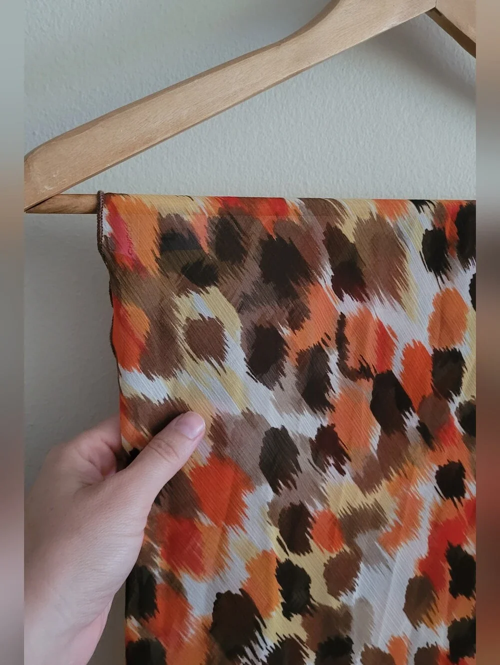 Chico's Warm Watercolor Gauzy Crinkle Scarf, Cream, Brown & Blood Orange